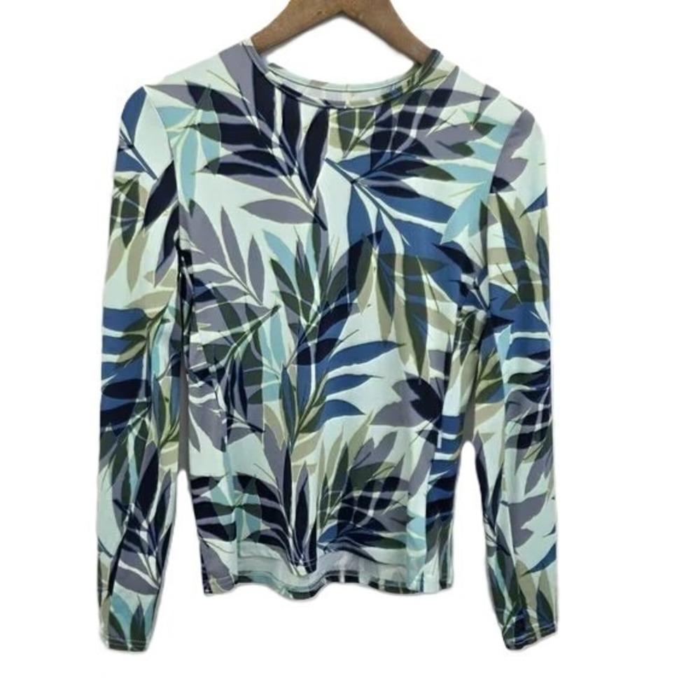Hang Ten Womens S Tropical Leaf Print Rash Guard UPF 50+ Long Sleeve Swim Shirt‎